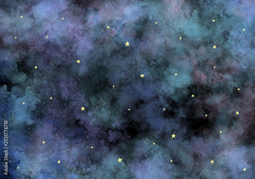 水彩風幻想的な宇宙 ダーク背景テクスチャ・星ラメありのイラスト/ Fantasy galaxy watercolor background texture illustration with stars