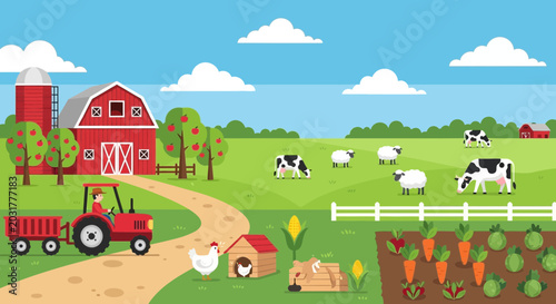Bild auf Leinwand Vibrant Farm Scene with Tractor, Barn, Animals, and Crops