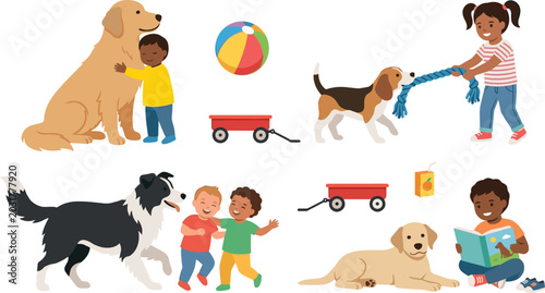 Foto Children Playing and Learning with Dogs Vector Illustration Featuring Family Com
