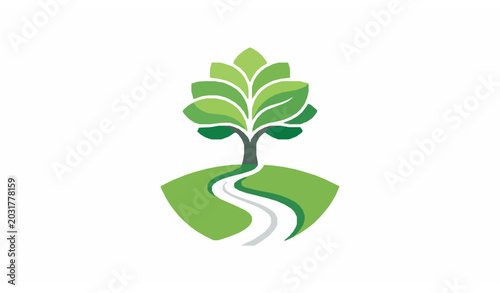 Modern Eco Tree Logo with Rolling Hills and Curved Path Flat Vector Design