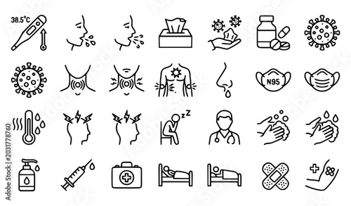 Φωτογραφία Flu outline icon set medical healthcare symptom vector illustration isolated whi