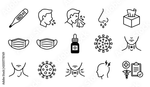 Quadro su tela Flu symptoms line icons vector illustration isolated white background