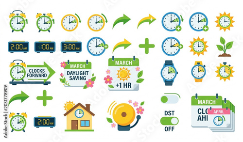 Cuadro en lienzo Isometric spring forward icons set clocks calendars seasonal time concept
