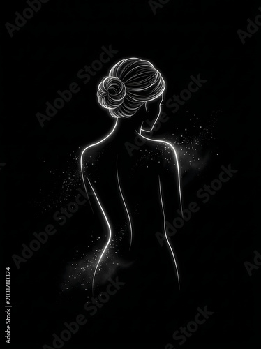 Elegant outline of a woman's back and hair bun, sparkling dust and light effects