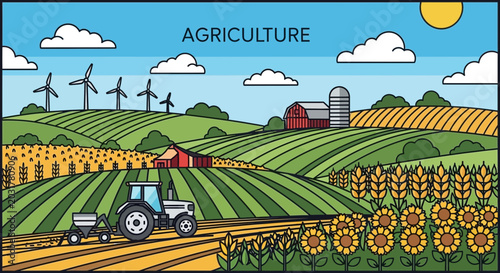 Bild auf Leinwand Vibrant agriculture landscape with tractor, wind turbines, farm buildings, and fields