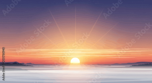 Fotografie Pixel Art Sunrise Over Calm Water, Retro Video Game Style Landscape