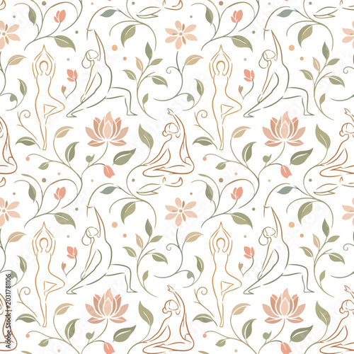 Seamless pattern with yoga poses and floral botanical elements