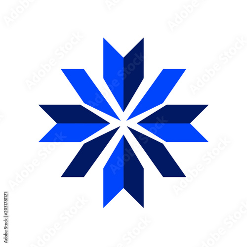 Blue geometric star shape icon on a square background