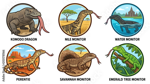 A group of six monitor lizards including Komodo dragon, Nile monitor, Water monitor, Perentie, Savannah monitor, and Emerald tree monitor in their natural habitats with trees and water.