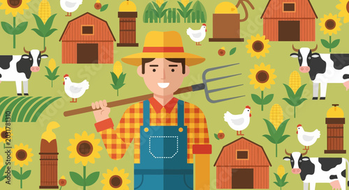 Bild auf Leinwand Happy farmer with pitchfork amidst farm animals, crops and sunflowers on a green