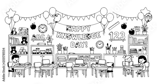 Photos First School Day Kindergarten Interior Banner with Educational Toys Vector