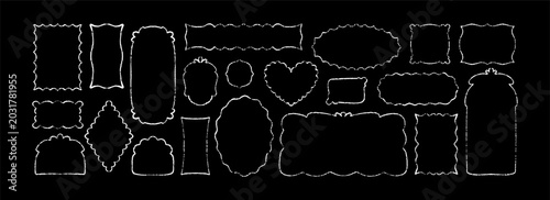 Set of quirky hand drawn white chalk whimsical frames on the blackboard. Crayon heart shape, arch, rectangle, square shape sketch paint brush borders. Funky childish grunge boarders, bubbles, text box