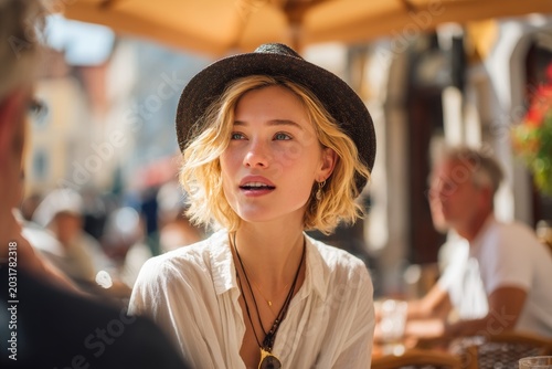beautiful woman is sitting at table in restaurant. She's talking or giving interview. She's well dressed. pleasant lively atmosphere around. photo conveys business conversation or meeting of friends