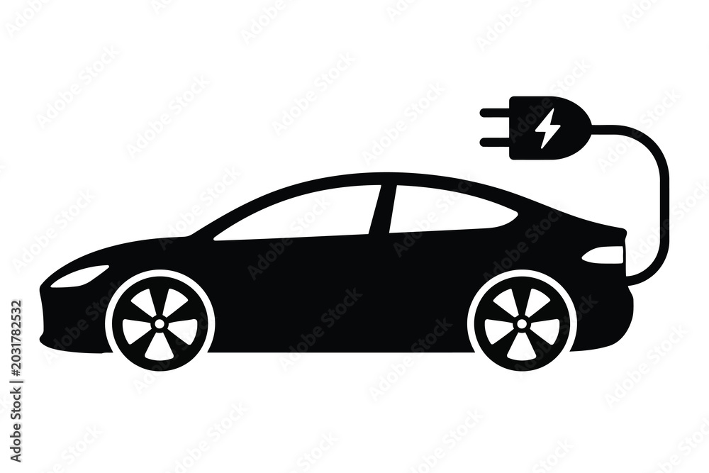 Fototapeta premium Black electric car vector illustration. EV sedan with battery charging plug side view silhouette.