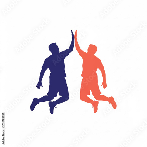 Two players of different backgrounds jumping in a high-five celebration, their bodies forming a V-shape. Only their silhouettes are visible in solid indigo and coral. minimalist flat vector