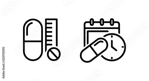 Medical pill dosage and medication schedule line icons for healthcare management and pharmacy treatment planning with schedule medicine calendar pharmacy prescription healthcare