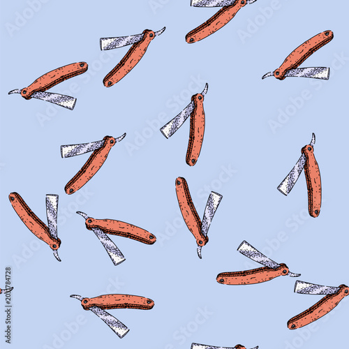 Принти на полотні pattern sharp barber straight razor hand drawn