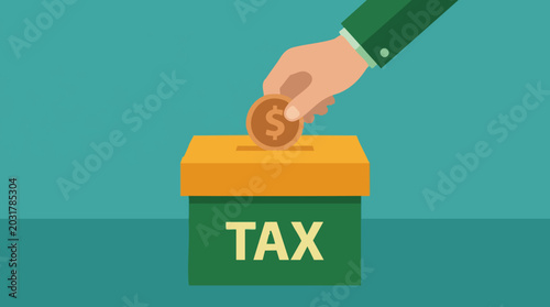 Tableau sur toile Financial concept of taxation: hand putting dollar coin into tax box