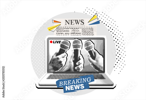 Εκτύπωση καμβά Breaking news concept with reporter hands holding microphones on screen laptop isolated vintage halftone dotted effect retro collage cut-out element for current event urgent update live announcement