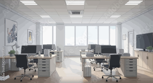 Modern empty office space with desks, computers, and natural light