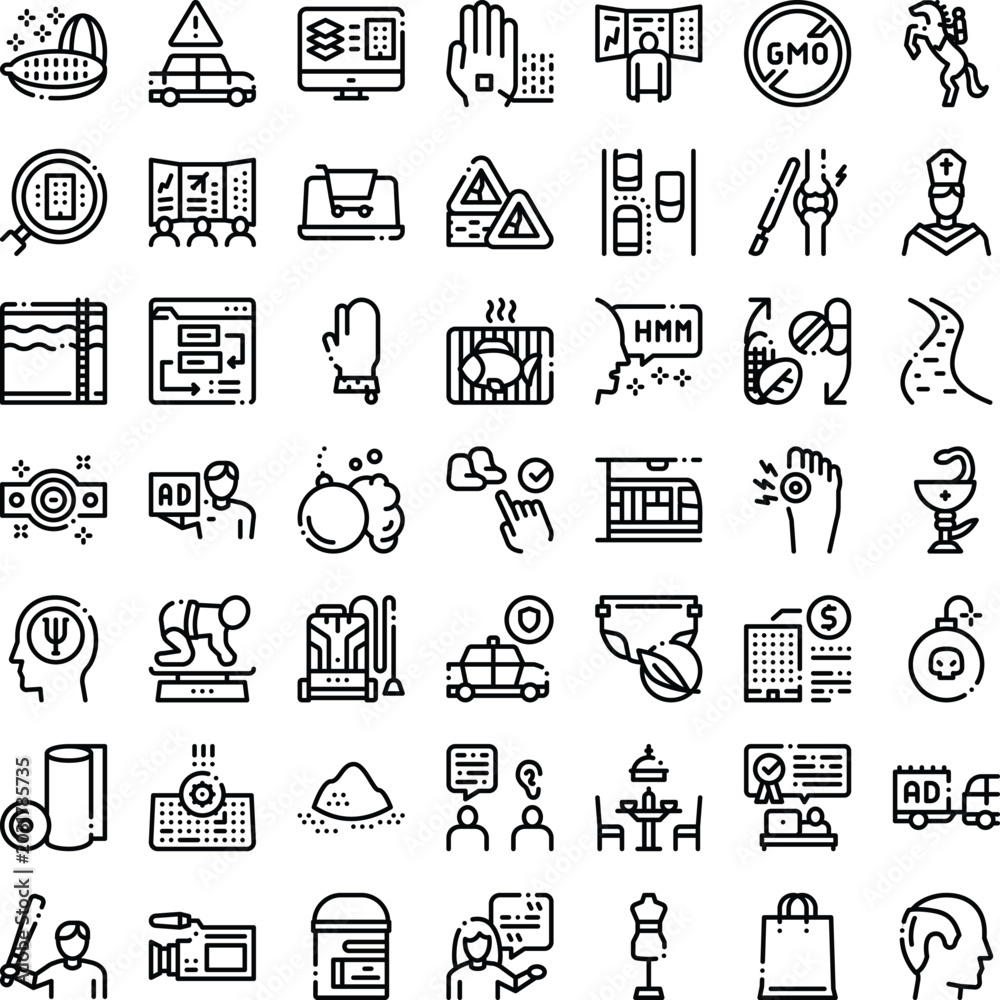 Fototapeta premium Set of minimalist line icons representing a wide array of topics including technology, health, security, travel, education, food, business, sports, and daily activities