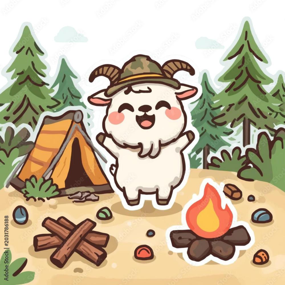 Fototapeta premium Cute Goat Camping Adventure Mascot Cartoon Illustration