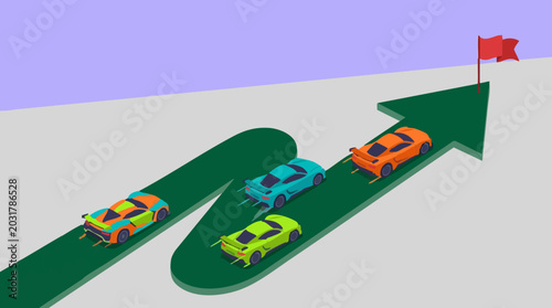 Canvastavla Racing cars on arrow track, striving for goal represented by red flag