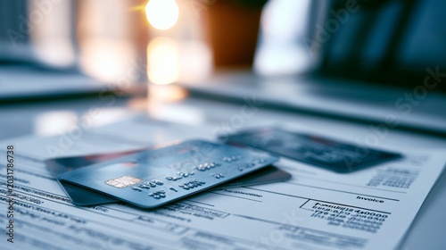 Medical invoice showing hospital charges and billing details with credit cards on top, representing healthcare payment concepts