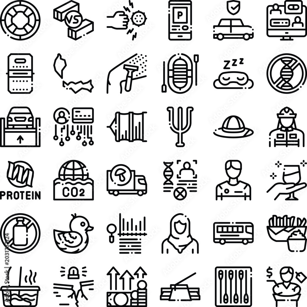 Fototapeta premium Comprehensive collection of outline icons detailing a wide range of subjects, including technology, science, everyday objects, and abstract ideas, suitable for various design projects