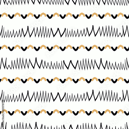 Elegant seamless zigzag pattern in yellow and black colors. Endless zig zag print. Seamless striped pattern of retro colors. Seamless chevron background. Vector. Vintage Wallpaper, print packaging