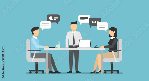 Foto Business meeting with speech bubbles, teamwork, discussion, collaboration, offic