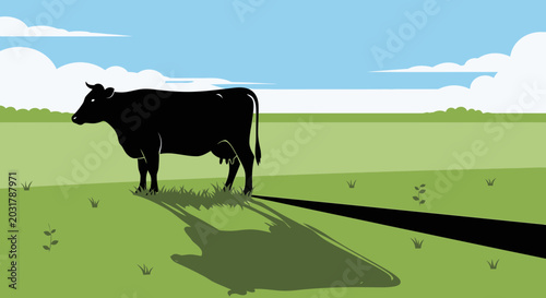 Billede på lærred Black cow silhouette in green field with long shadow and clouds