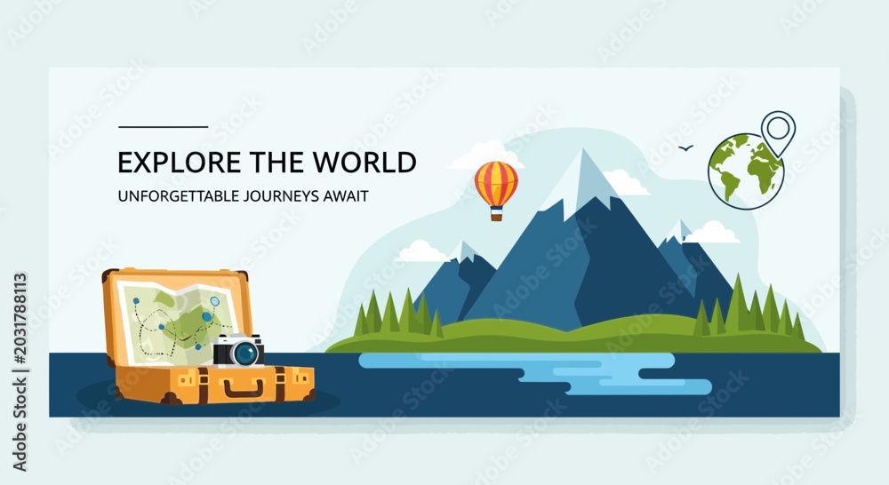 Fototapeta premium Explore The World: Vintage Suitcase, Map, Camera, Mountains, Hot Air Balloon, Globe - Adventure Awaits