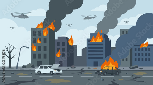 Bild auf Leinwand Devastated city with burning buildings, smoke, helicopters, and drones