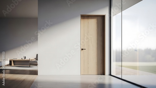 Contemporary Minimalist Interior with Light Wooden Door and Floor to Ceiling Windows