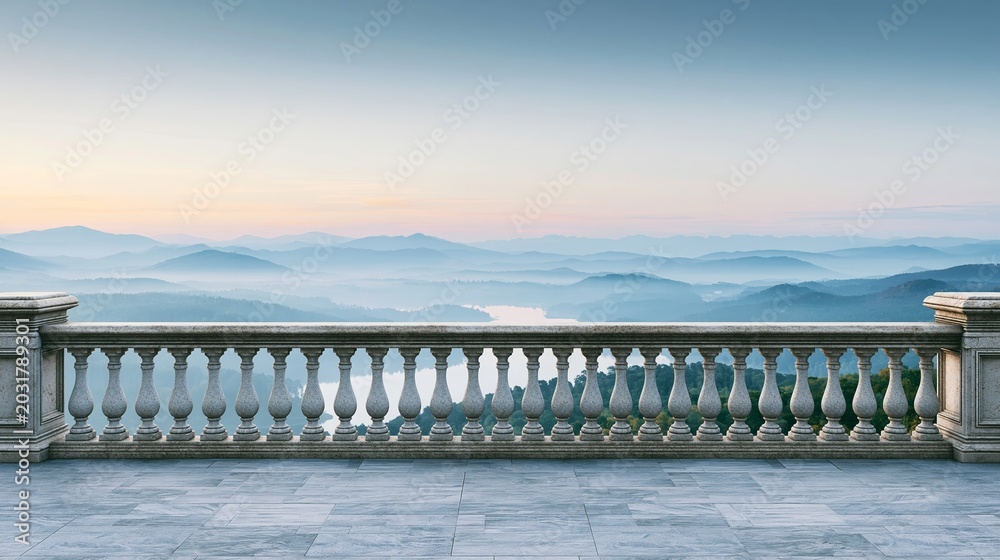 Fototapeta premium Ornate stone balcony overlooking misty European hills and a distant lake, offering a quiet, romantic travel view
