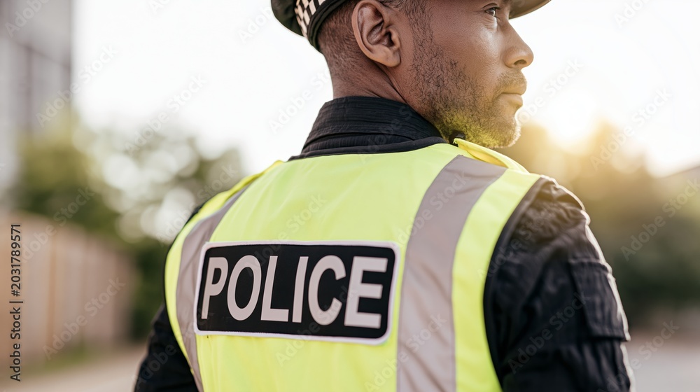 Obraz premium Police officer wearing a high visibility reflective vest with POLICE text, providing public safety and law enforcement