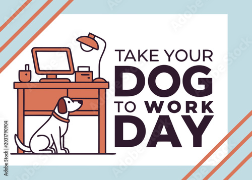 Take your dog to work day illustration with office desk and computer  funny pet concept