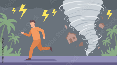 Tableau sur toile Man running from a powerful tornado and storm, natural disaster illustration