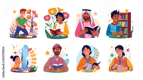 Fotografija Diverse People Reading Books: A collection of diverse individuals engrossed in reading, surrounded by natural elements and cultural symbols, celebrating literacy and knowledge