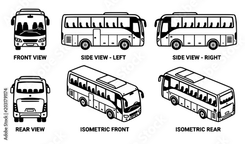 Tourist Bus Travel Icon Set with Passenger Journey Public Transportation Views Front Side and Isometric Vector Illustration