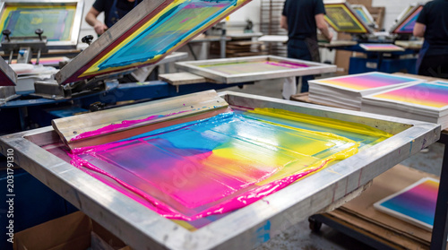 Screen printing studio producing artistic gradient posters with vibrant colorful layered ink mesh