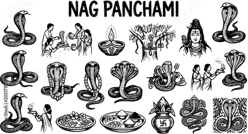 Billede på lærred Nag Panchami Hindu Festival Black and White Line Art