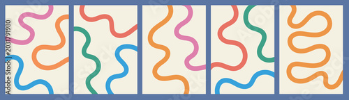 Abstract playful wavy line background. Minimal organic curved stripe banner set. Vertical abstract wave shapes
