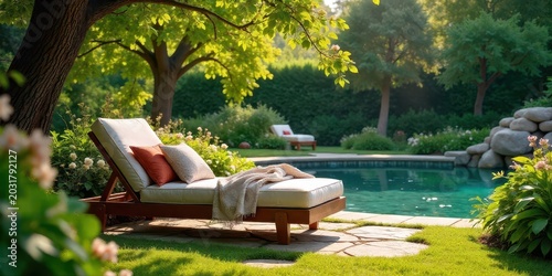 Serene Poolside Relaxation A Luxurious Chaise Lounge Beckons Amidst Lush Greenery and Tranquil Waters