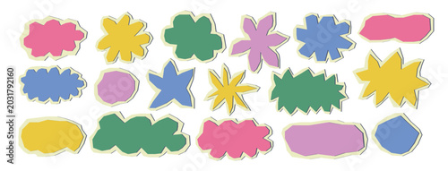 Set of tear paper stars in flat collage style. Cut color explosion shapes and cloud with torn edge. Shape circle scrap. Vector illustration
