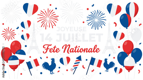 Tableau sur toile Fete nationale french celebration with fireworks balloons and roosters