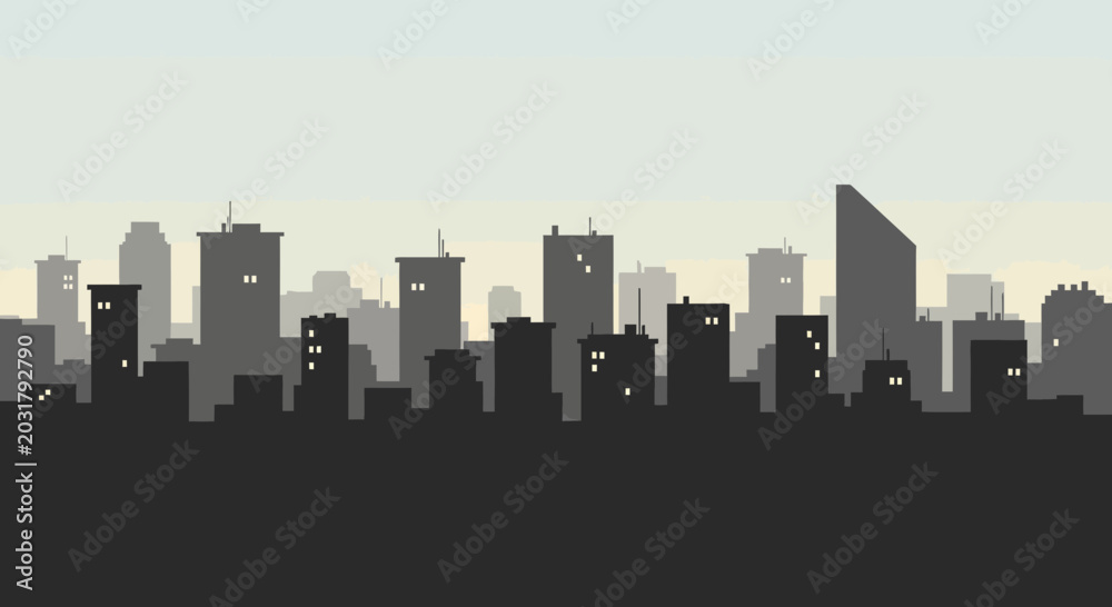Fototapeta premium Minimalist Cityscape Silhouette with Glowing Windows at Dusk