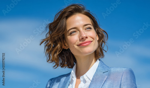 Confident young woman with curly hair, wearing a stylish blazer, smiling brightly against a clear blue sky, embodying professionalism and positivity in a vibrant outdoor setting