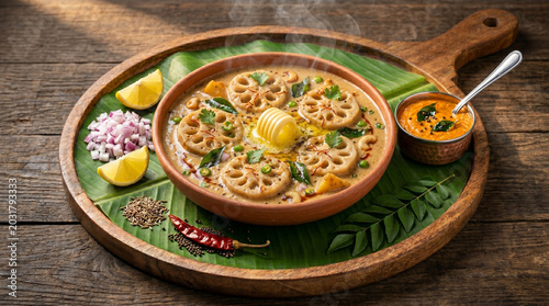 Foto Indian lotus stem curry served with lemon and accompaniments indian food dried c